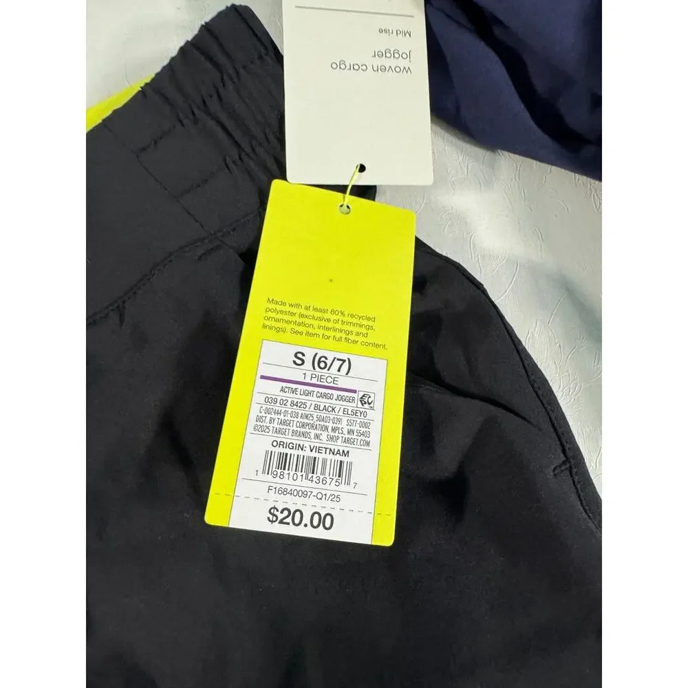 All In Motion Kids Active Light Cargo Jogger Pants Black Size S 6/7 NWT